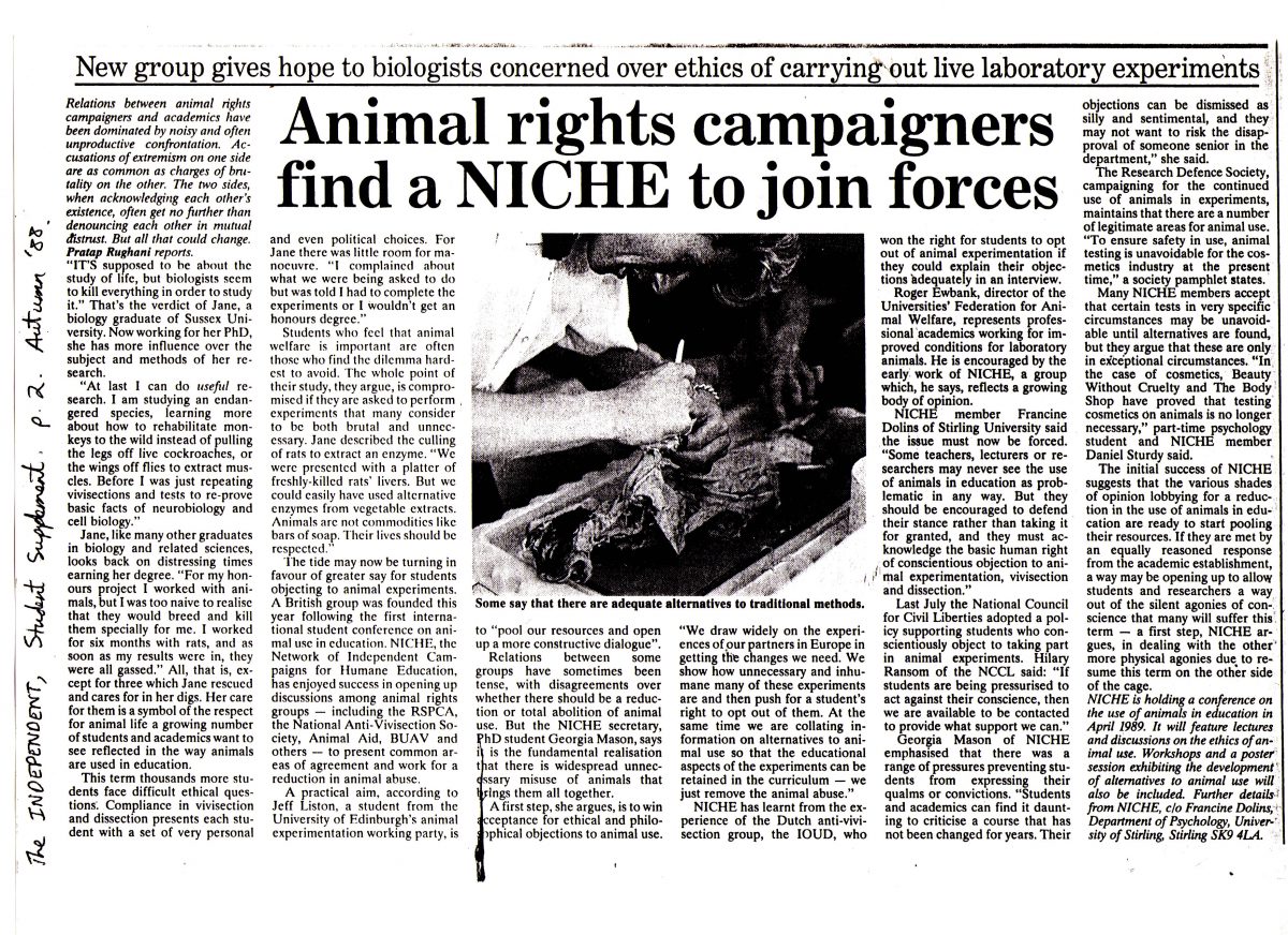 Animal Rights campaigners find a NICHE to join forces, The Independent