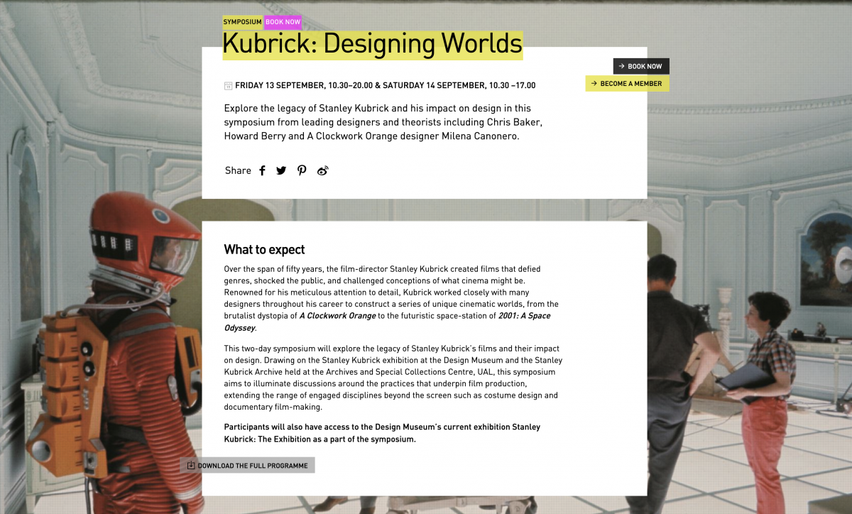 Kubrick: Designing Worlds Conference at The Design Museum, London 13 & 14 September 2019.